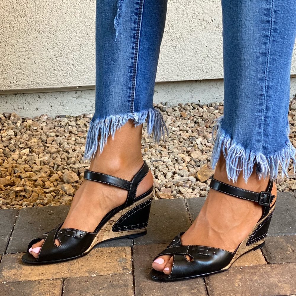 Black Leather Peep Toe Cork Kitten Wedge Sandal - Picture 2 of 7